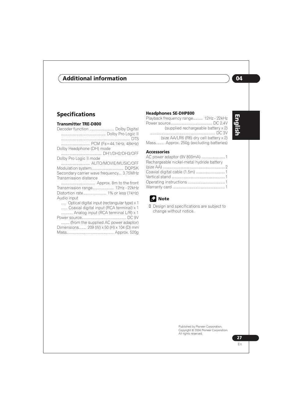 Specifications, English, 04 additional information | Pioneer SE DIR800C User Manual | Page 27 / 76