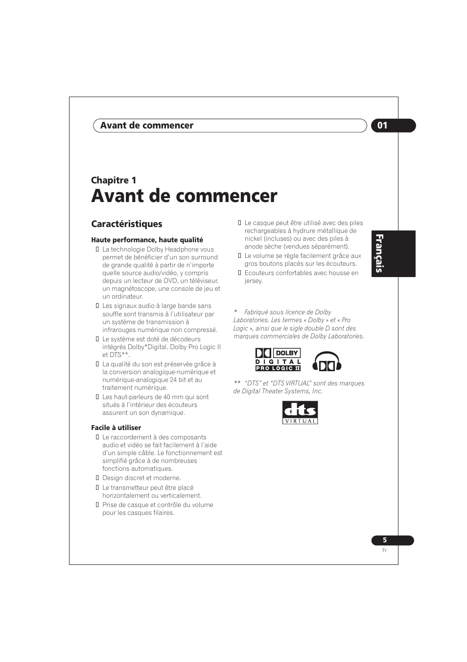 01 avant de commencer, Caractéristiques, Avant de commencer | Fr an ça is, Chapitre 1 | Pioneer SE DIR800C User Manual | Page 31 / 76