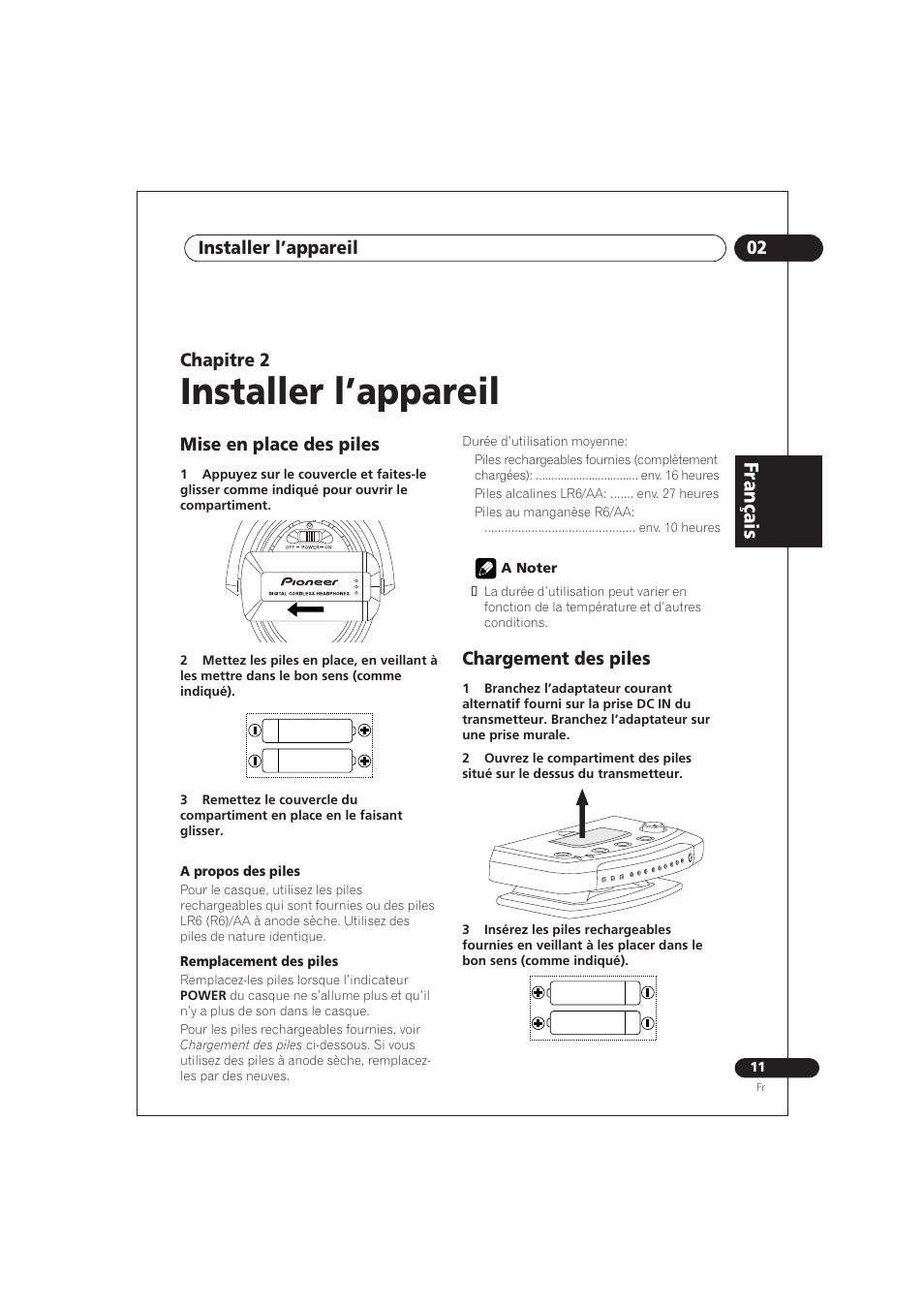 02 installer l’appareil, Mise en place des piles, Chargement des piles | Installer l’appareil, Français, Chapitre 2 | Pioneer SE DIR800C User Manual | Page 37 / 76