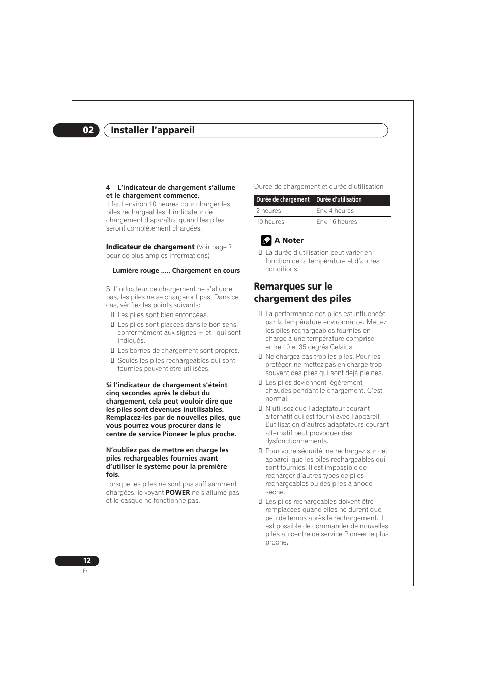 Remarques sur le chargement des piles, 02 installer l’appareil | Pioneer SE DIR800C User Manual | Page 38 / 76