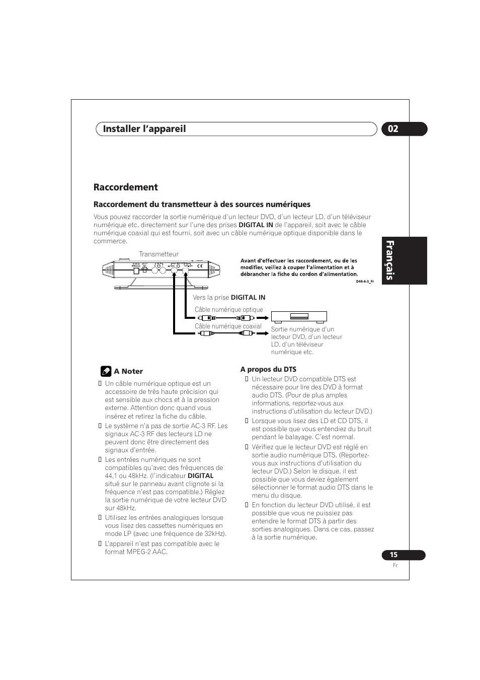 Raccordement, Raccordement du transmetteur à des, Sources numériques | Fr an ça is, 02 installer l’appareil | Pioneer SE DIR800C User Manual | Page 41 / 76