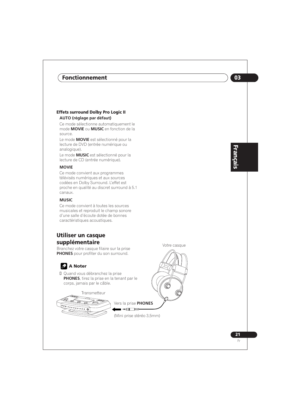 Utiliser un casque supplémentaire, Fr an ça is, 03 fonctionnement | Pioneer SE DIR800C User Manual | Page 47 / 76