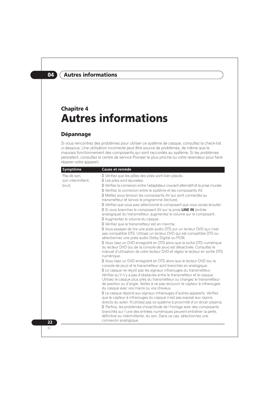 04 autres informations, Dépannage, Autres informations | Chapitre 4 | Pioneer SE DIR800C User Manual | Page 48 / 76