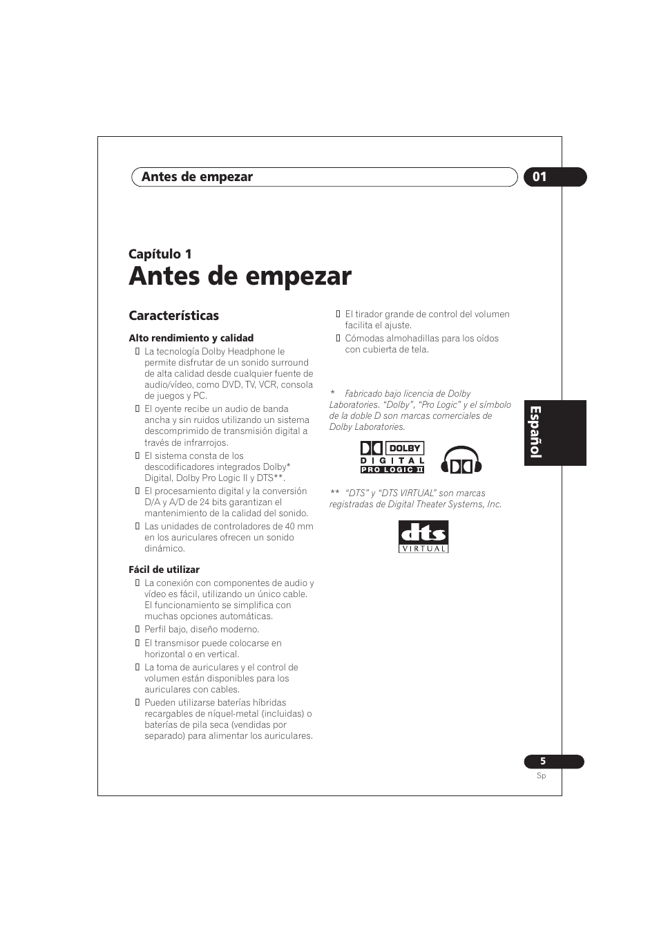 01 antes de empezar, Características, Antes de empezar | Es p añ o l, Capítulo 1 | Pioneer SE DIR800C User Manual | Page 55 / 76