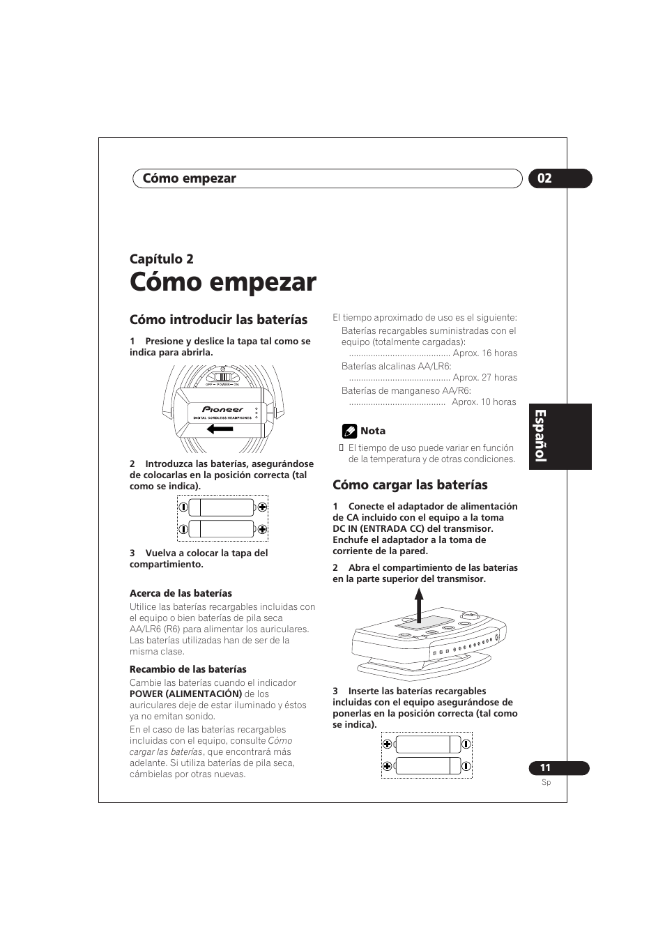 02 cómo empezar, Cómo introducir las baterías, Cómo cargar las baterías | Cómo empezar, Español, Capítulo 2 | Pioneer SE DIR800C User Manual | Page 61 / 76