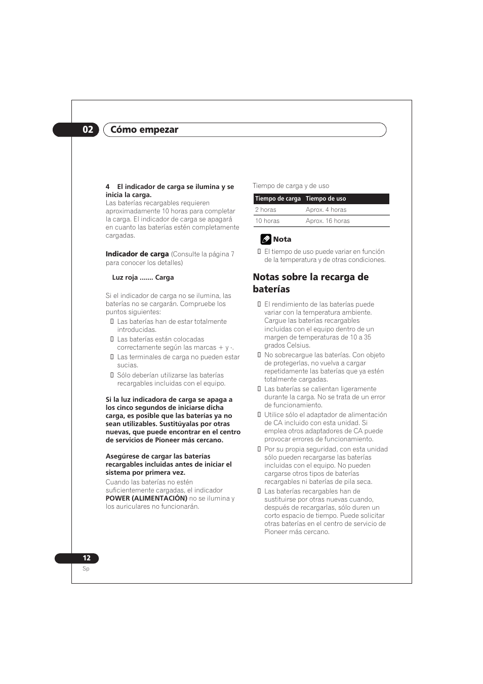 Notas sobre la recarga de baterías, 02 cómo empezar | Pioneer SE DIR800C User Manual | Page 62 / 76