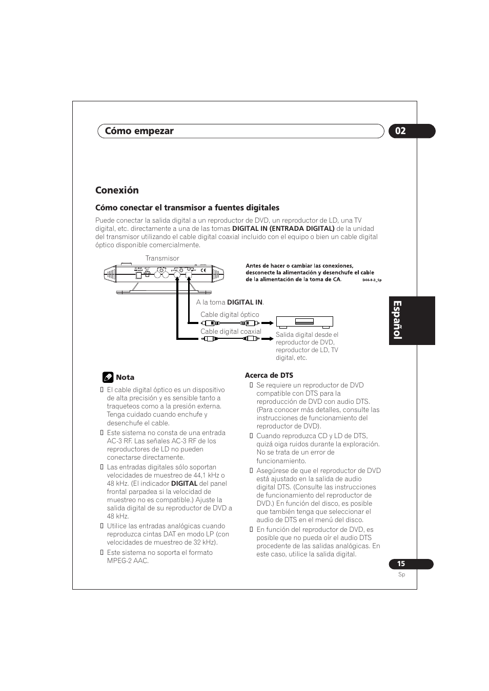 Conexión, Cómo conectar el transmisor a fuentes, Digitales | Español, 02 cómo empezar | Pioneer SE DIR800C User Manual | Page 65 / 76