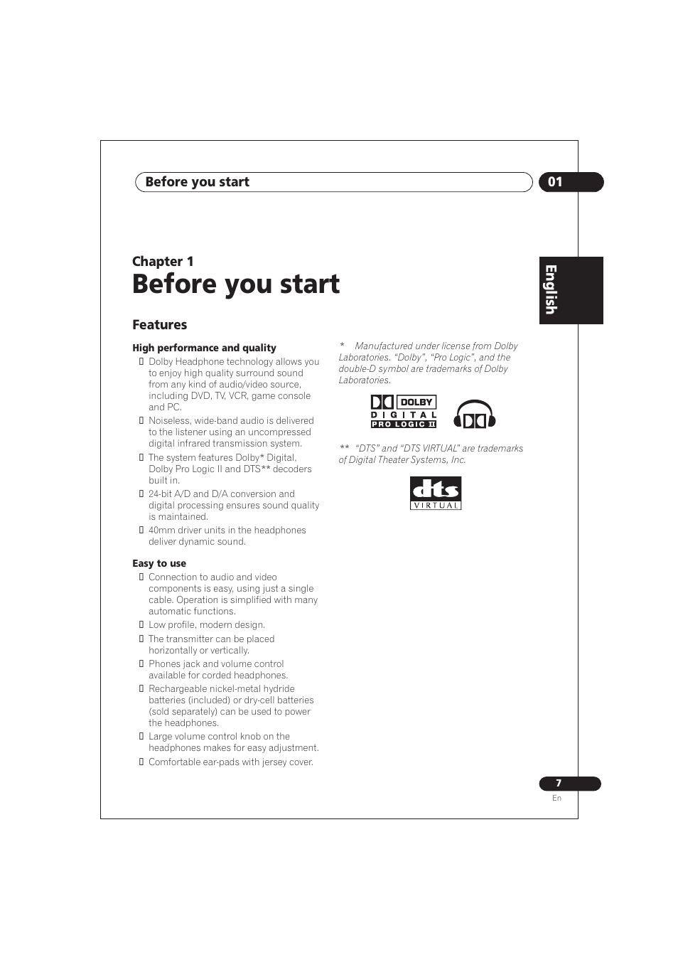 01 before you start, Features, Before you start | English, Chapter 1 | Pioneer SE DIR800C User Manual | Page 7 / 76