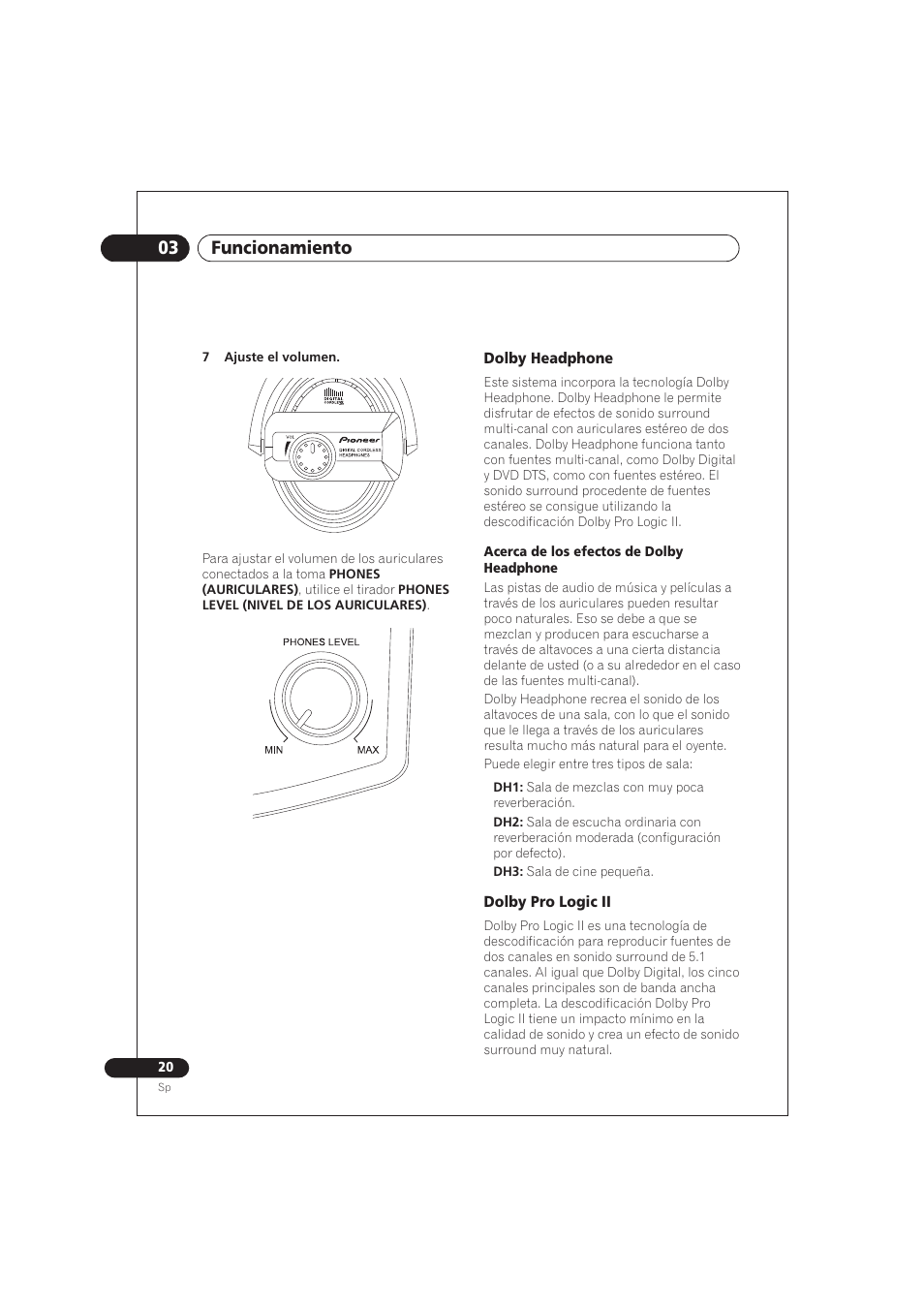 Dolby headphone, Dolby pro logic ii, 03 funcionamiento | Pioneer SE DIR800C User Manual | Page 70 / 76