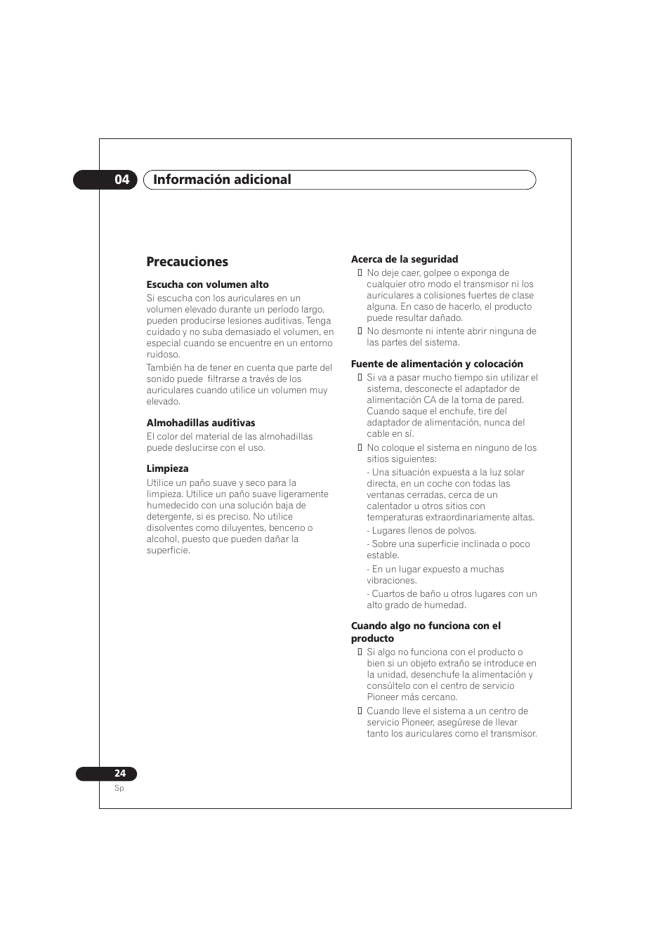 Precauciones, 04 información adicional | Pioneer SE DIR800C User Manual | Page 74 / 76