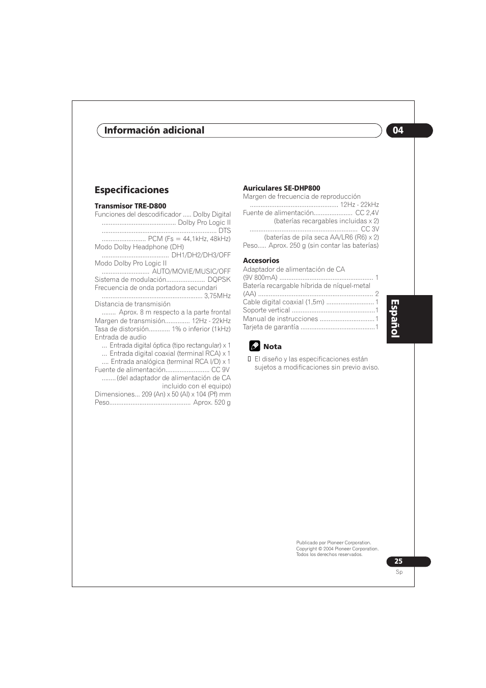 Especificaciones, Español, 04 información adicional | Pioneer SE DIR800C User Manual | Page 75 / 76