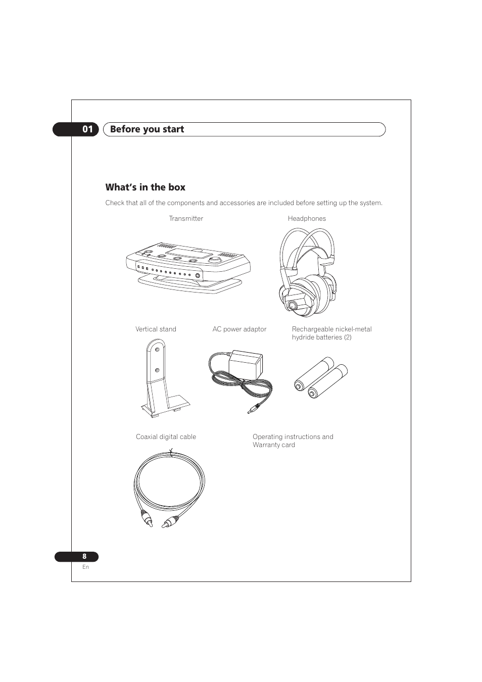What’s in the box, 01 before you start | Pioneer SE DIR800C User Manual | Page 8 / 76