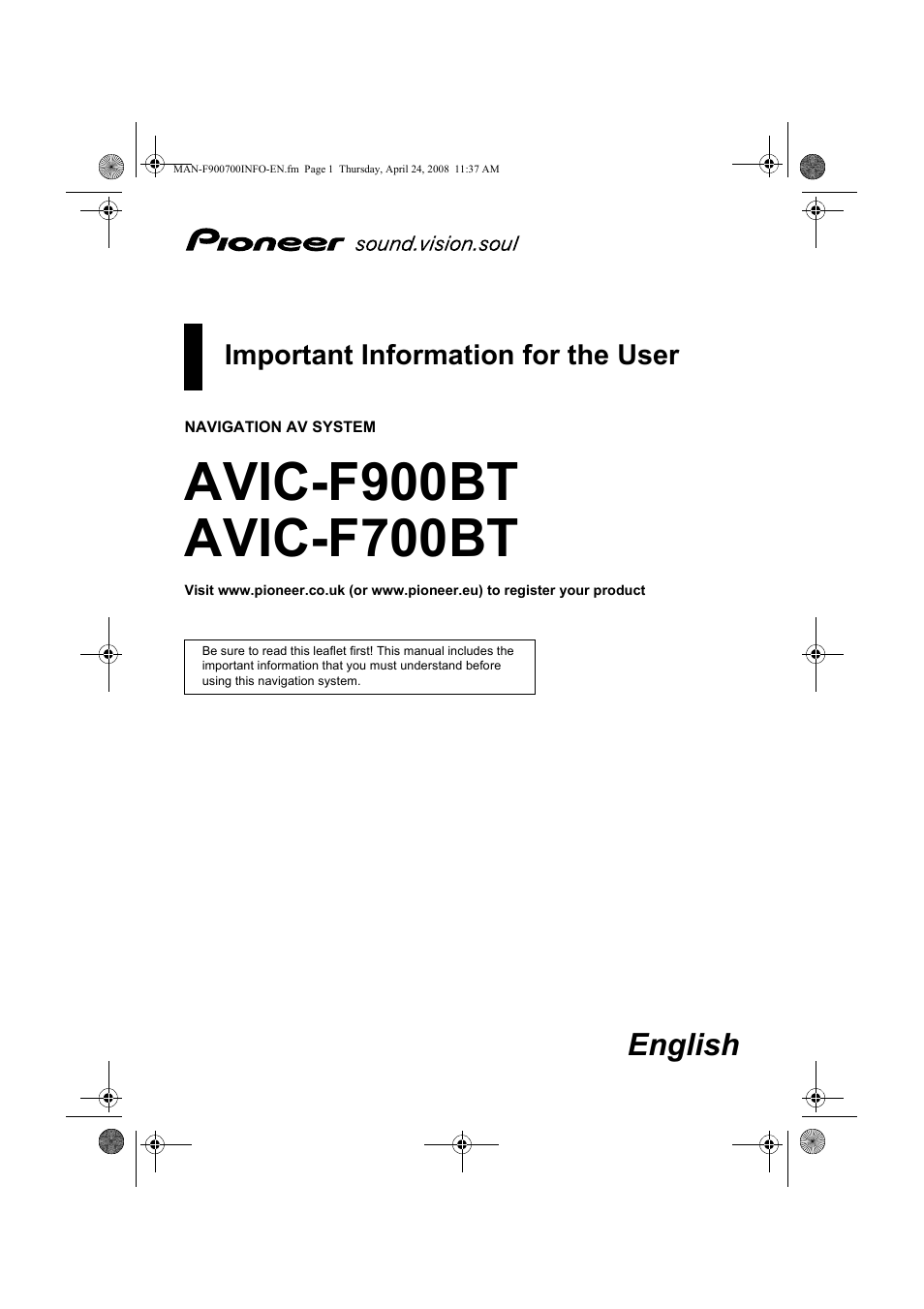 Pioneer AVIC-F700BT User Manual | 18 pages