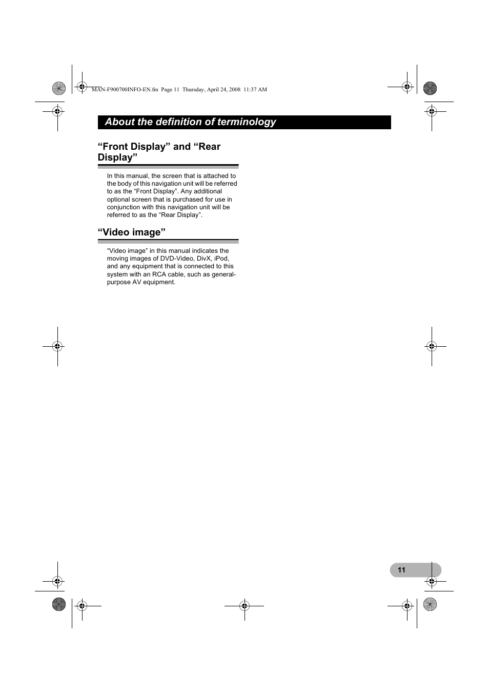 About the definition of terminology, Front display” and “rear display, Video image | Pioneer AVIC-F700BT User Manual | Page 11 / 18