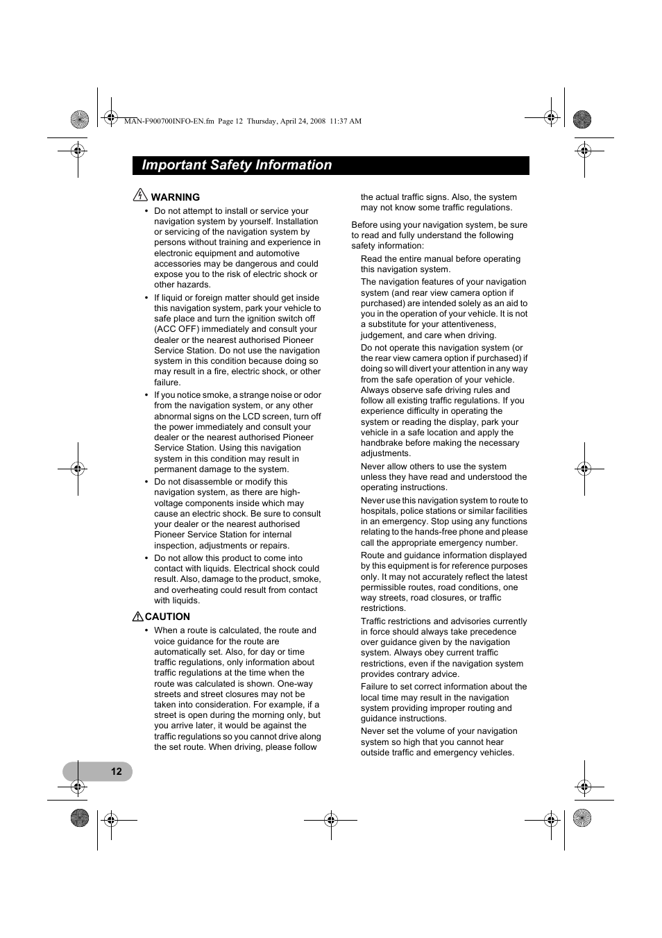 Important safety information | Pioneer AVIC-F700BT User Manual | Page 12 / 18