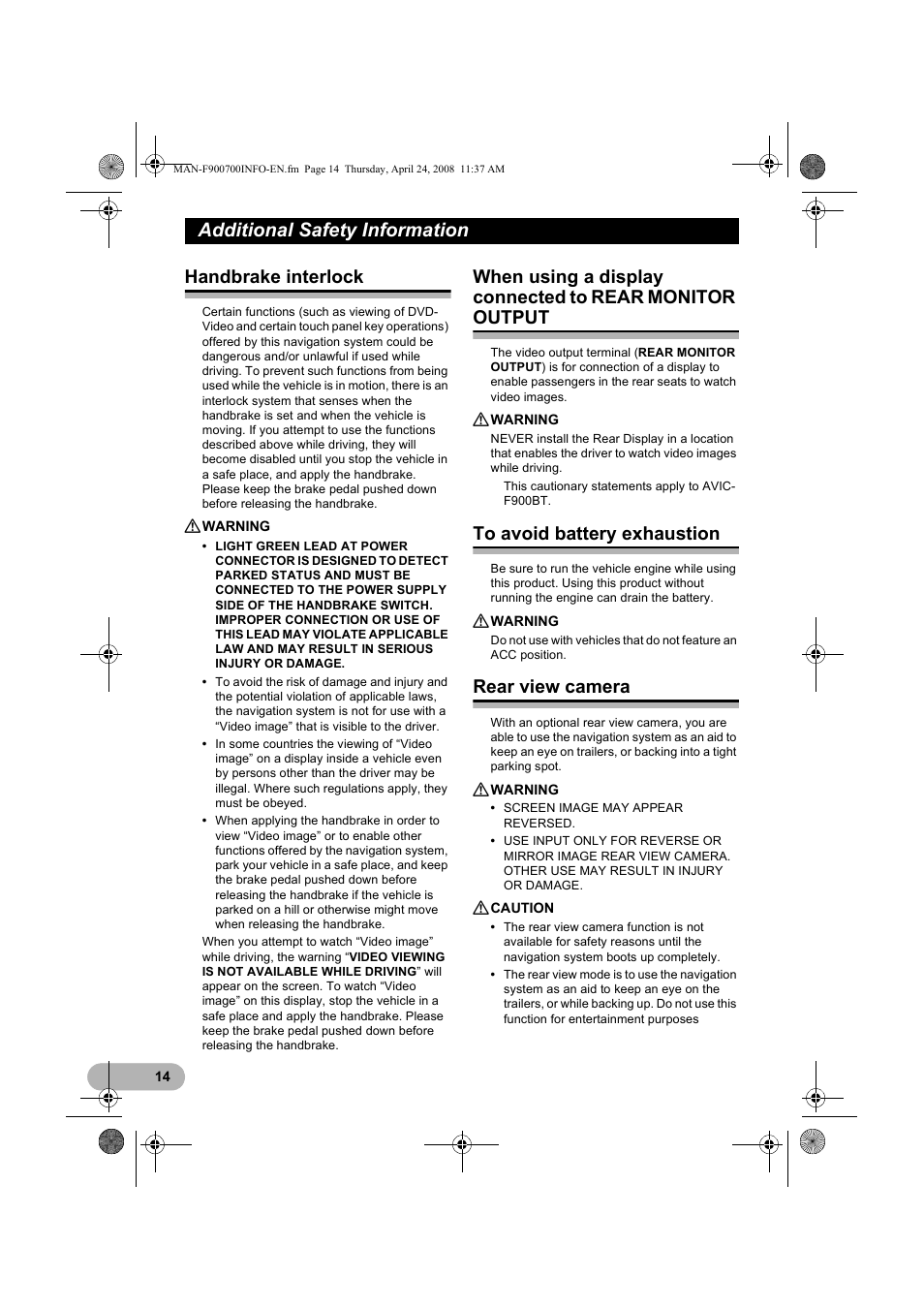 Additional safety information, Handbrake interlock, Rear view camera | Pioneer AVIC-F700BT User Manual | Page 14 / 18