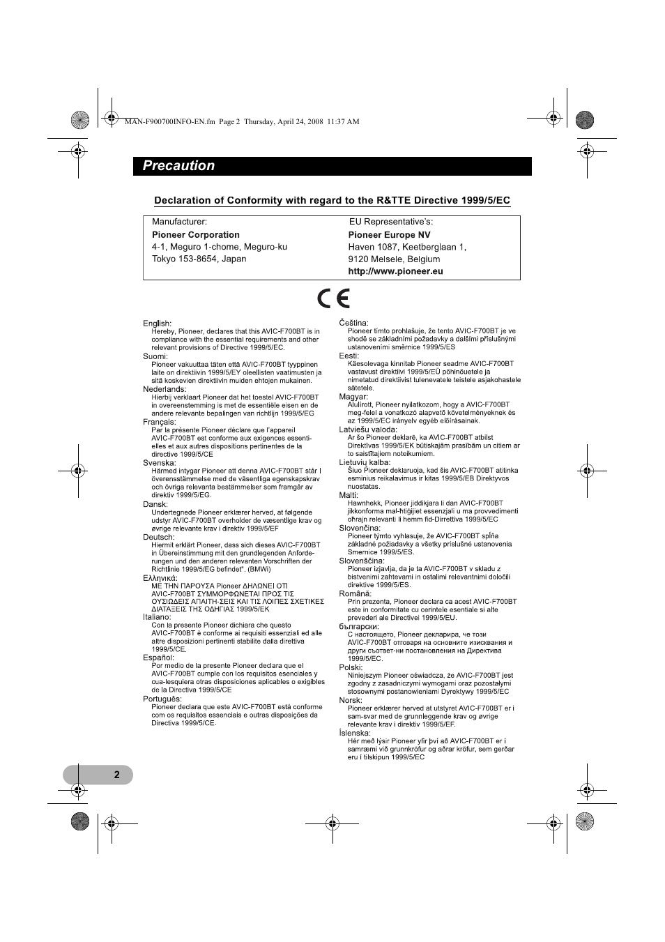 Precaution | Pioneer AVIC-F700BT User Manual | Page 2 / 18