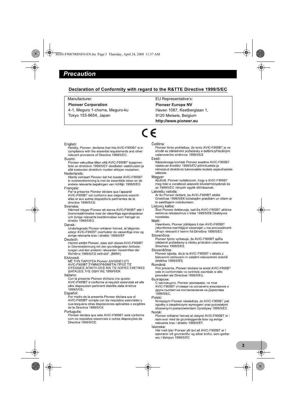 Precaution | Pioneer AVIC-F700BT User Manual | Page 3 / 18