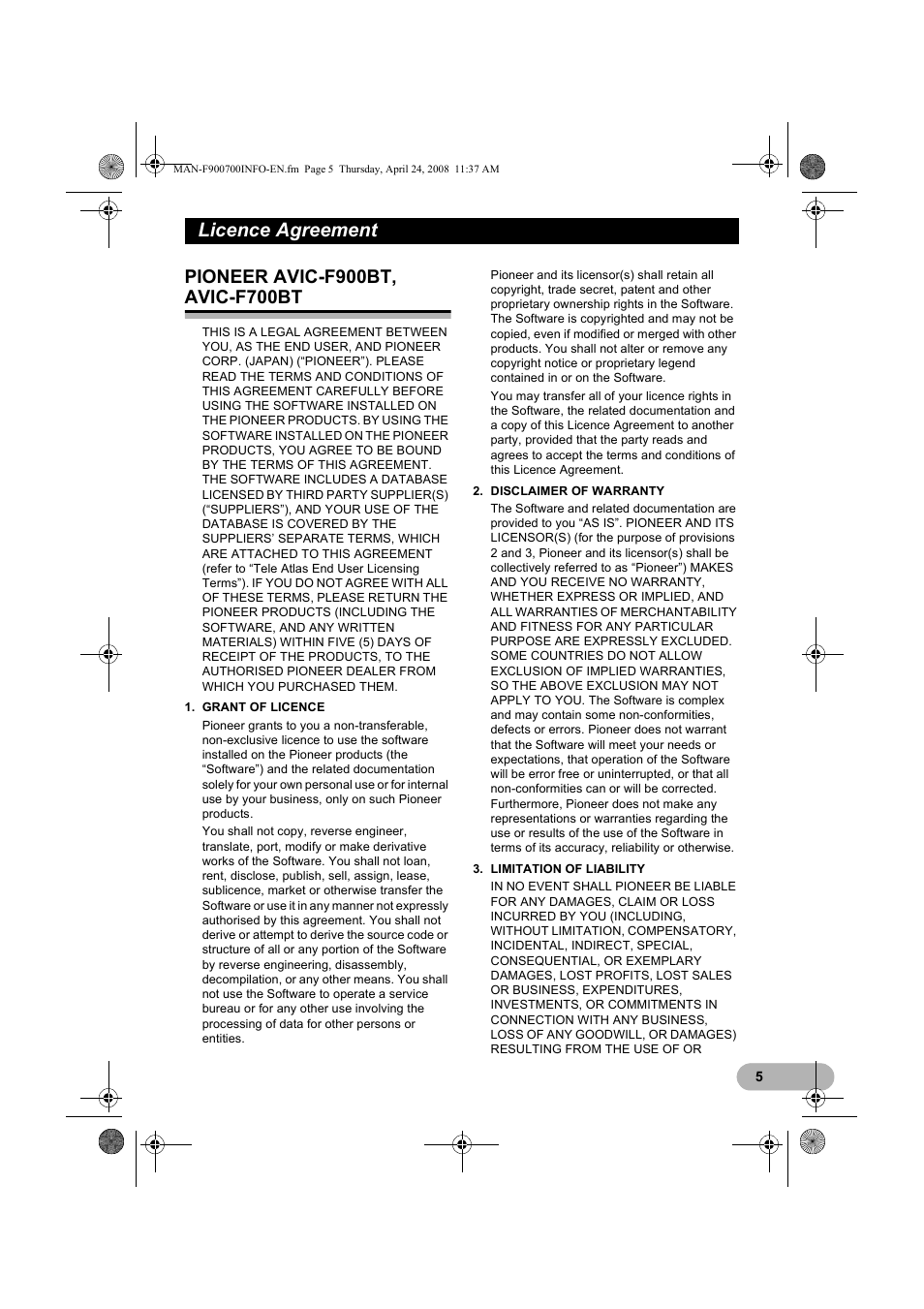 Licence agreement | Pioneer AVIC-F700BT User Manual | Page 5 / 18