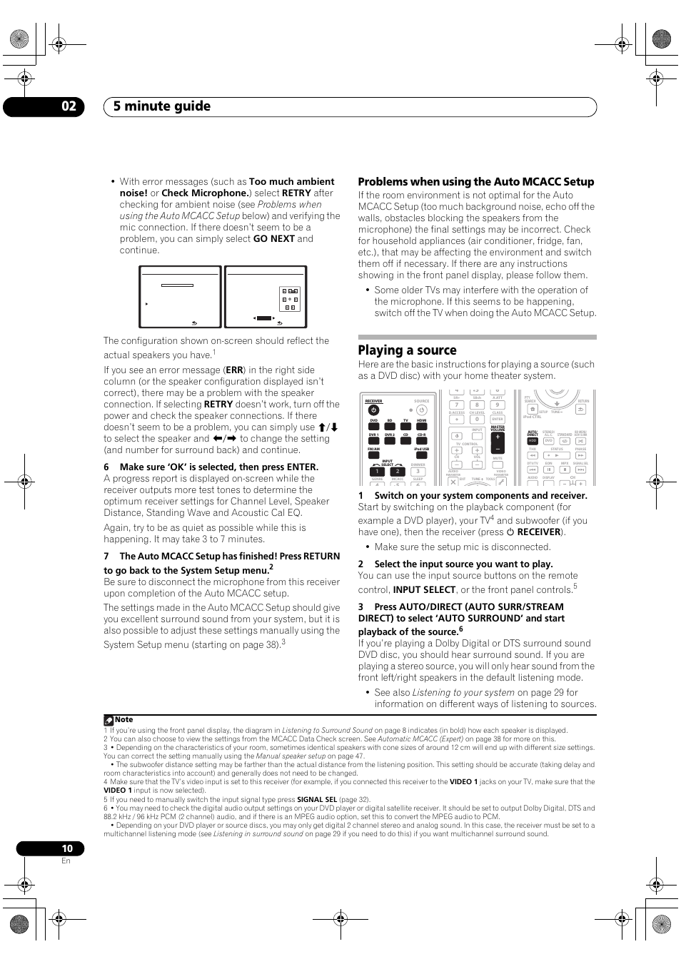 Problems when using the auto mcacc setup, Playing a source, 5 minute guide 02 | Pioneer VSX-1018AH-S User Manual | Page 10 / 96