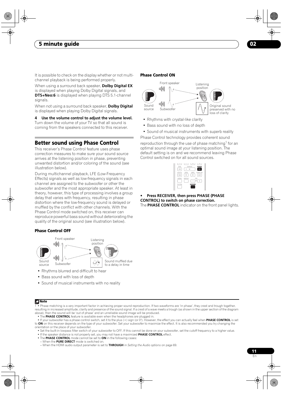 Better sound using phase control, 5 minute guide 02 | Pioneer VSX-1018AH-S User Manual | Page 11 / 96