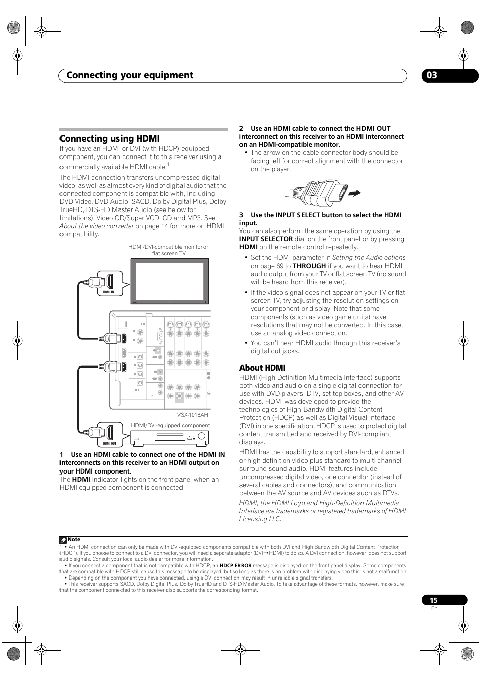 Connecting using hdmi, About hdmi, Connecting your equipment 03 | Pioneer VSX-1018AH-S User Manual | Page 15 / 96