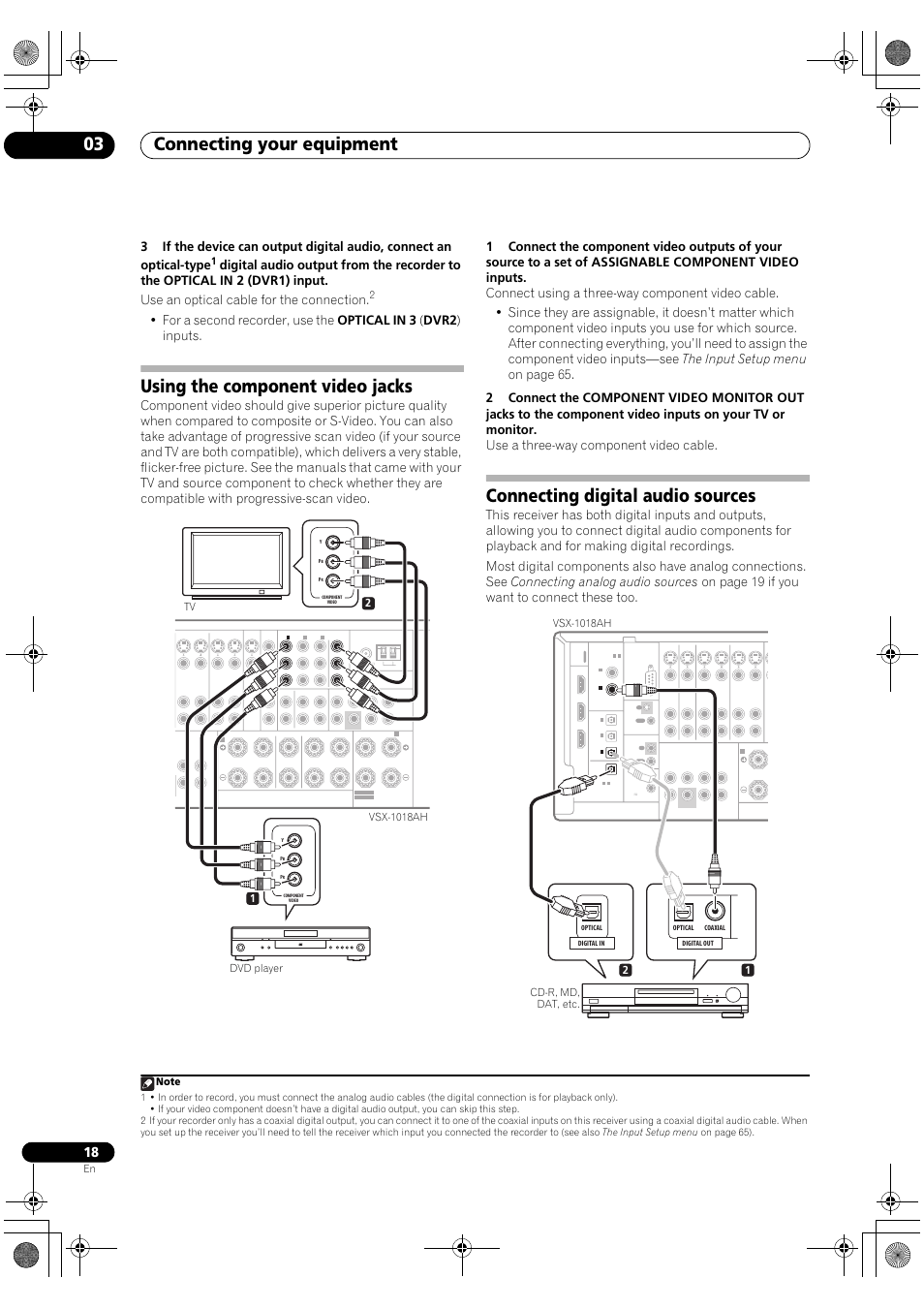 Connecting your equipment 03, Using the component video jacks, Connecting digital audio sources | Pioneer VSX-1018AH-S User Manual | Page 18 / 96