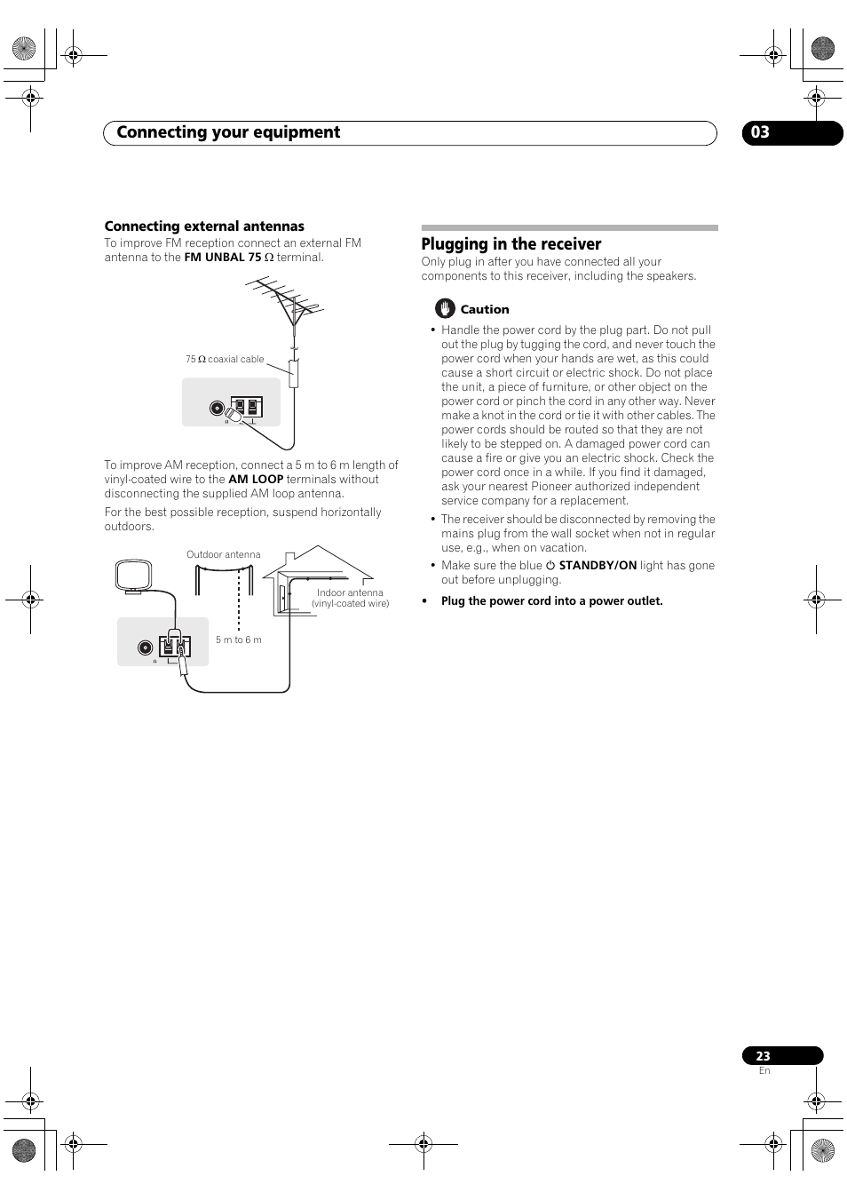 Connecting external antennas, Plugging in the receiver, Connecting your equipment 03 | Pioneer VSX-1018AH-S User Manual | Page 23 / 96