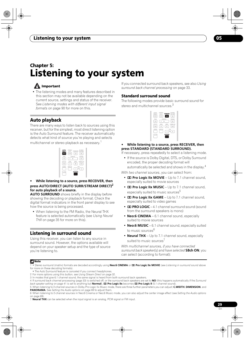 Auto playback listening in surround sound, Standard surround sound, Listening to your system | Listening to your system 05, Chapter 5, Auto playback, Listening in surround sound | Pioneer VSX-1018AH-S User Manual | Page 29 / 96