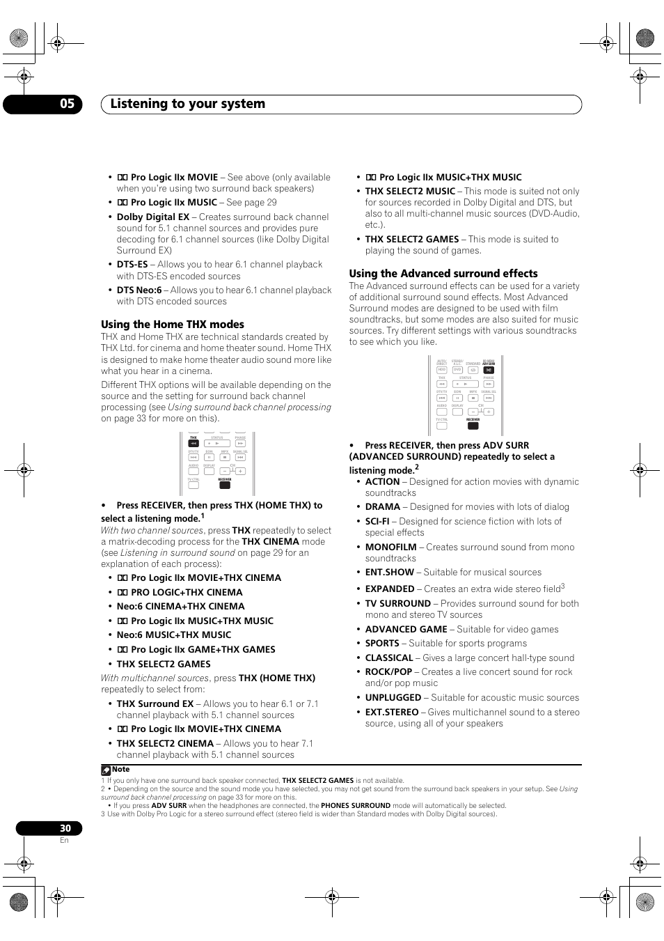 Listening to your system 05, Using the home thx modes, Using the advanced surround effects | Pioneer VSX-1018AH-S User Manual | Page 30 / 96