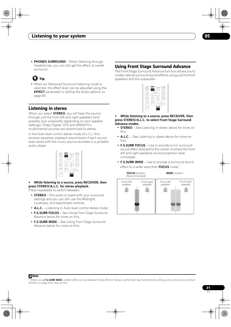 Listening to your system 05, Listening in stereo, Using front stage surround advance | Pioneer VSX-1018AH-S User Manual | Page 31 / 96