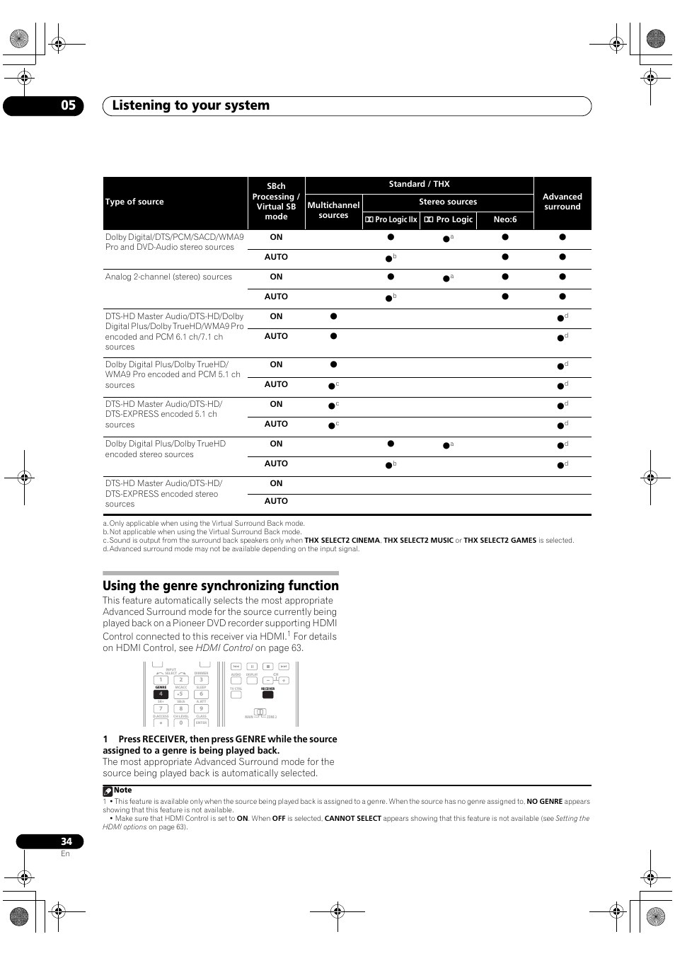 Using the genre synchronizing function, Listening to your system 05 | Pioneer VSX-1018AH-S User Manual | Page 34 / 96