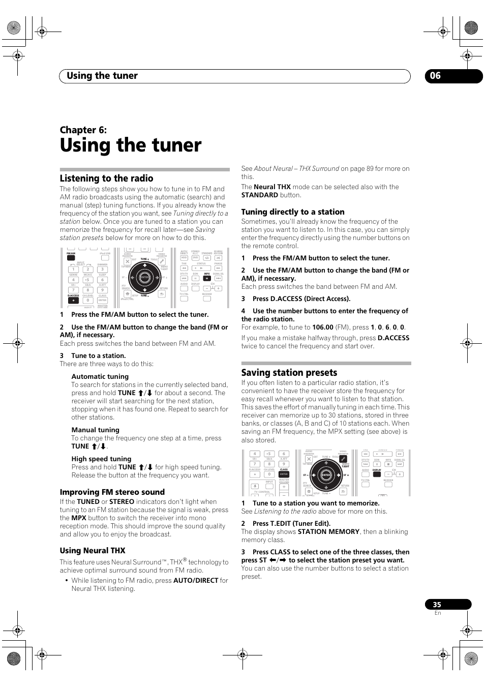 Listening to the radio, Saving station presets, Using the tuner | Using the tuner 06, Chapter 6, Improving fm stereo sound, Using neural thx, Tuning directly to a station, This feature uses neural surround™, thx | Pioneer VSX-1018AH-S User Manual | Page 35 / 96