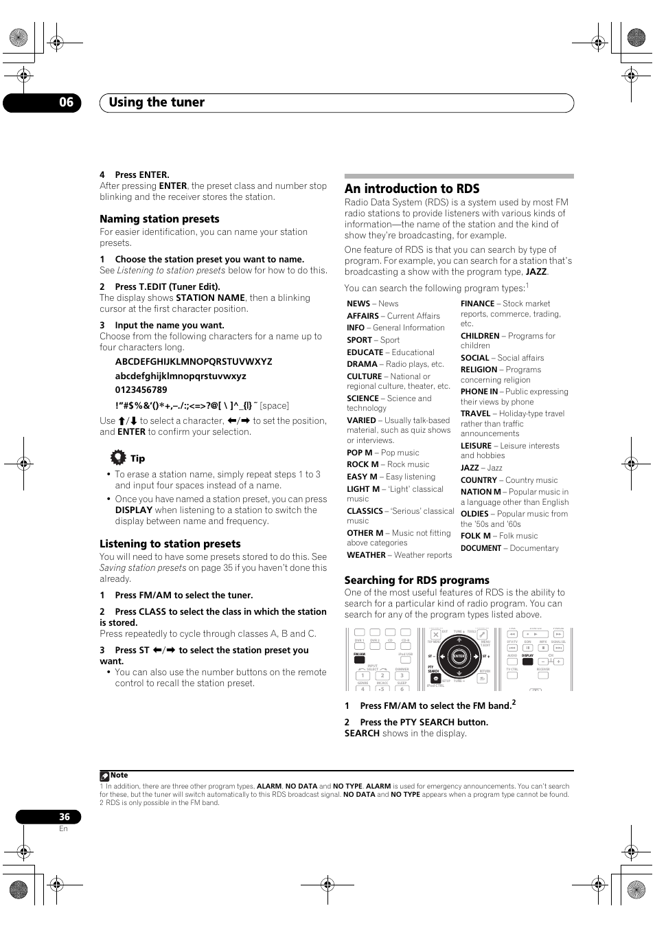 An introduction to rds, Searching for rds programs, Using the tuner 06 | Naming station presets, Listening to station presets | Pioneer VSX-1018AH-S User Manual | Page 36 / 96