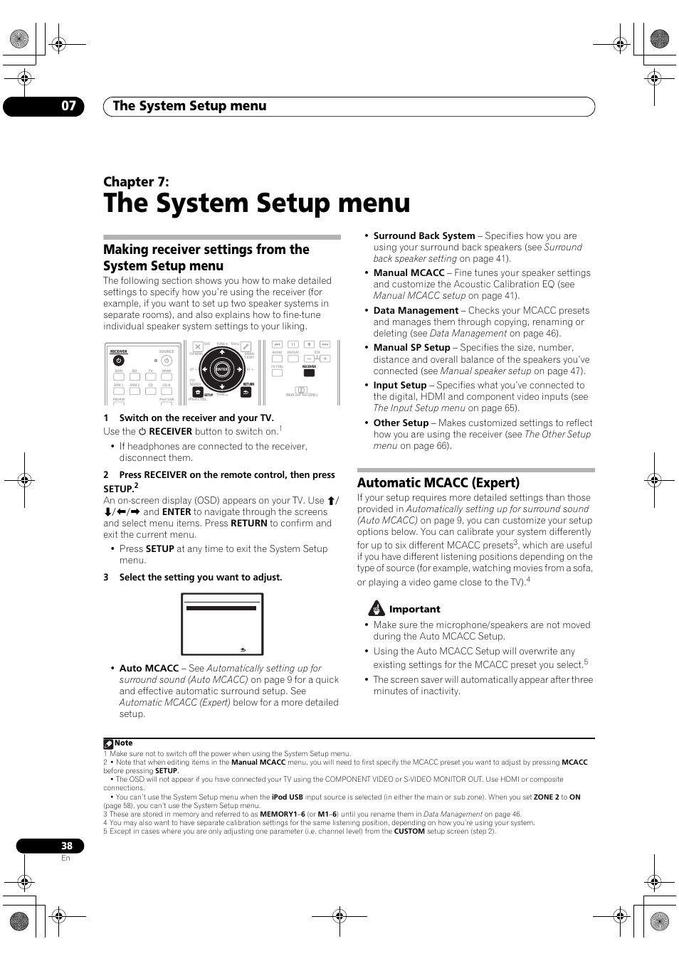 The system setup menu, The system setup menu 07, Chapter 7 | Automatic mcacc (expert) | Pioneer VSX-1018AH-S User Manual | Page 38 / 96