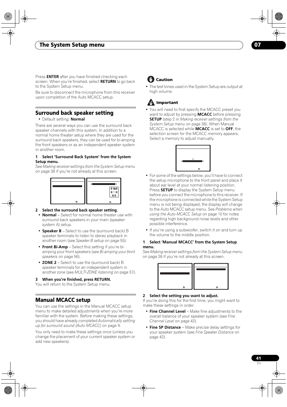 Surround back speaker setting manual mcacc setup, The system setup menu 07, Surround back speaker setting | Manual mcacc setup | Pioneer VSX-1018AH-S User Manual | Page 41 / 96