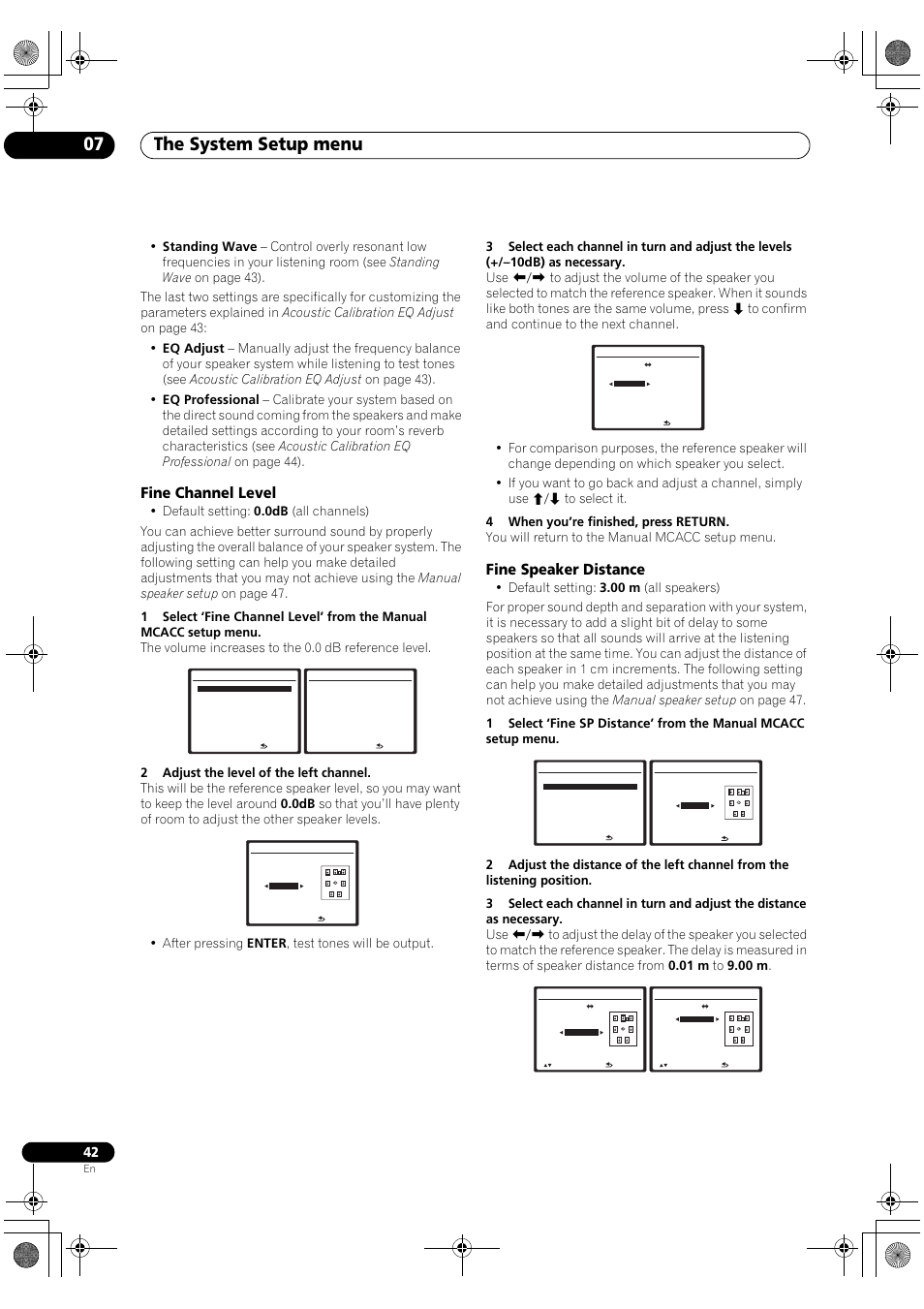 Fine channel level fine speaker distance, The system setup menu 07, Fine channel level | Fine speaker distance | Pioneer VSX-1018AH-S User Manual | Page 42 / 96