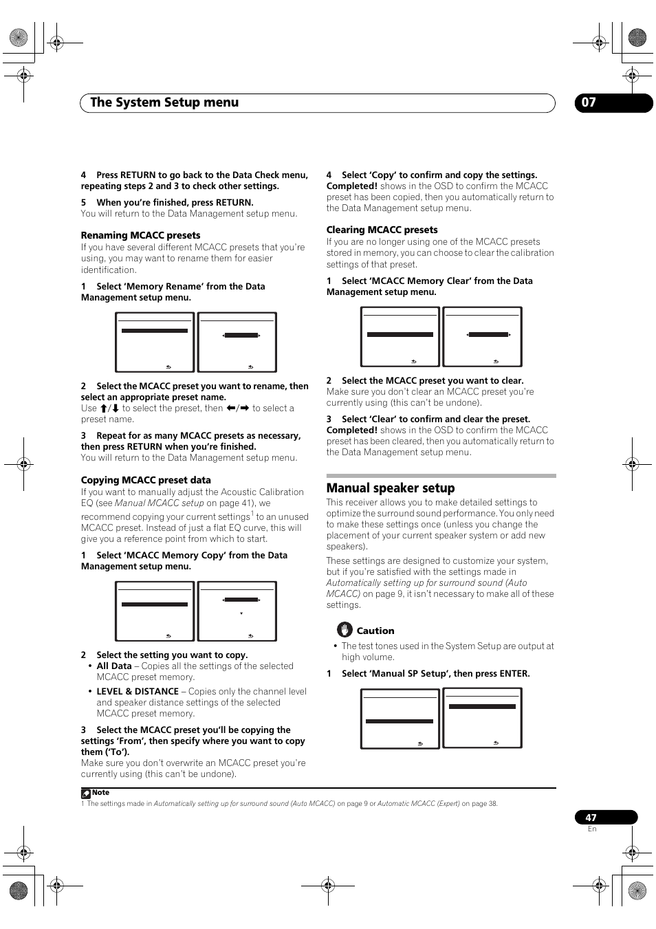 Manual speaker setup, The system setup menu 07, Renaming mcacc presets | Copying mcacc preset data, Clearing mcacc presets | Pioneer VSX-1018AH-S User Manual | Page 47 / 96