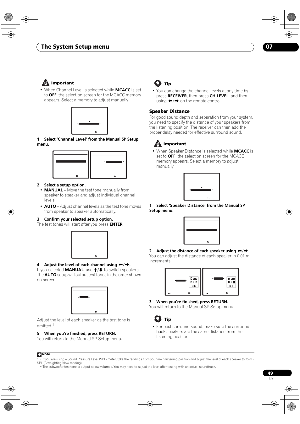 Speaker distance, The system setup menu 07 | Pioneer VSX-1018AH-S User Manual | Page 49 / 96