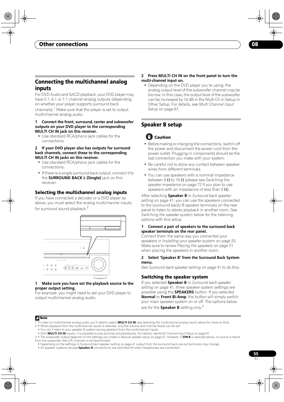 Connecting the multichannel analog inputs, Selecting the multichannel analog inputs, Speaker b setup | Switching the speaker system, Other connections 08 | Pioneer VSX-1018AH-S User Manual | Page 55 / 96