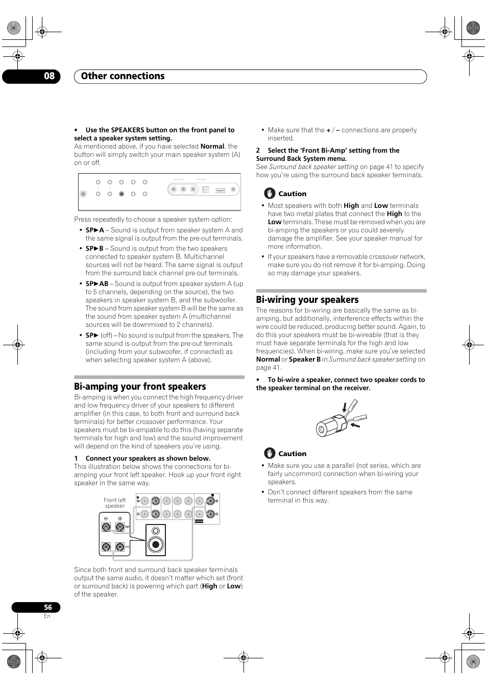 Other connections 08, Bi-amping your front speakers, Bi-wiring your speakers | Pioneer VSX-1018AH-S User Manual | Page 56 / 96