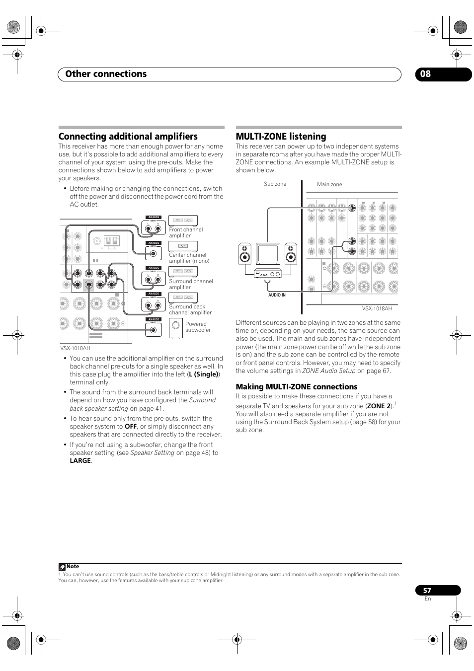 Making multi-zone connections, Other connections 08, Connecting additional amplifiers | Multi-zone listening | Pioneer VSX-1018AH-S User Manual | Page 57 / 96