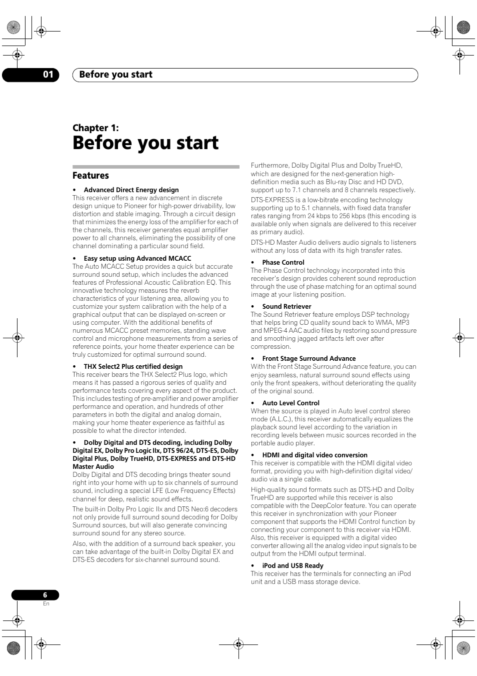 Features, Before you start, Before you start 01 | Chapter 1 | Pioneer VSX-1018AH-S User Manual | Page 6 / 96