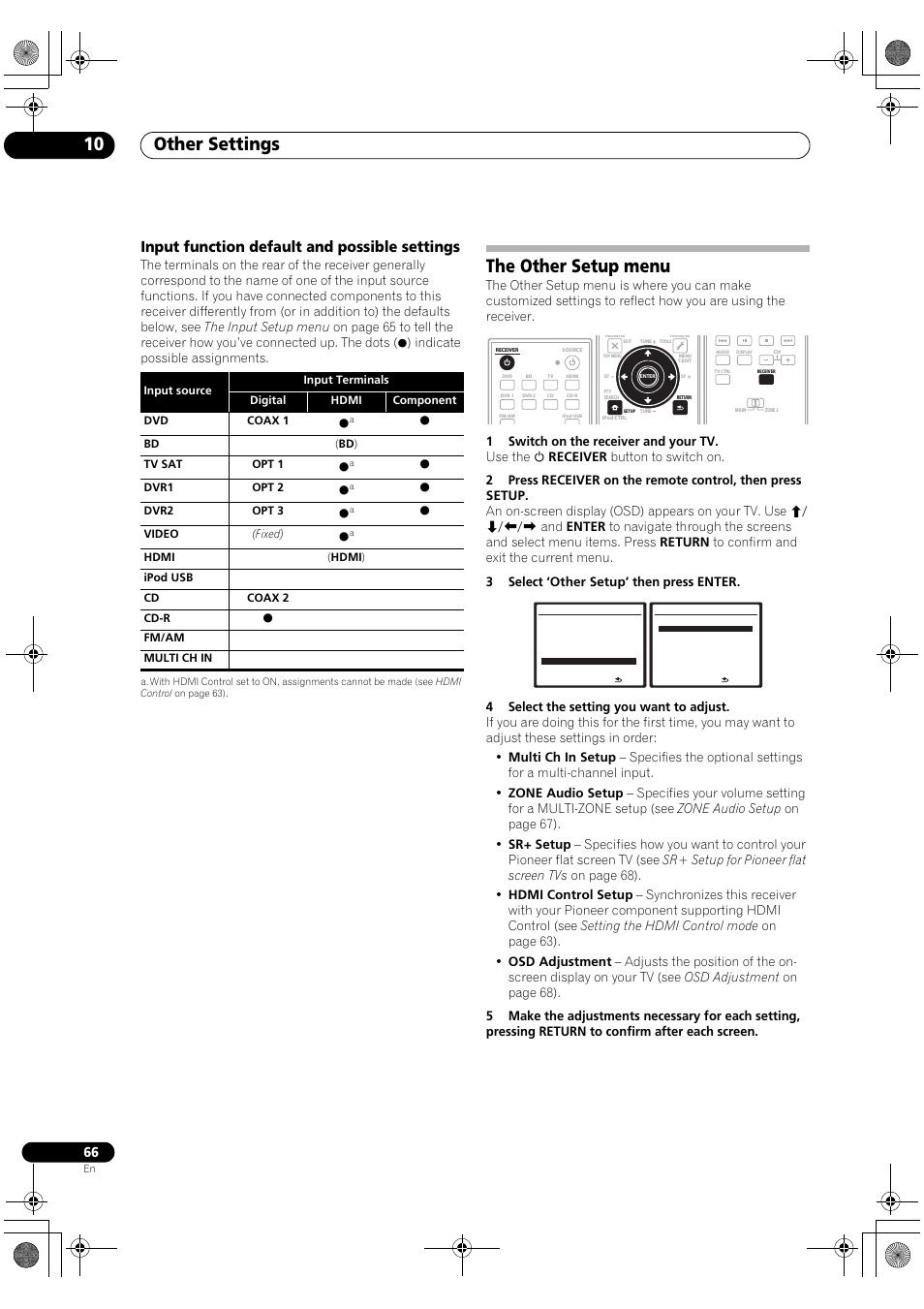 Input function default and possible settings, The other setup menu, Other settings 10 | Pioneer VSX-1018AH-S User Manual | Page 66 / 96