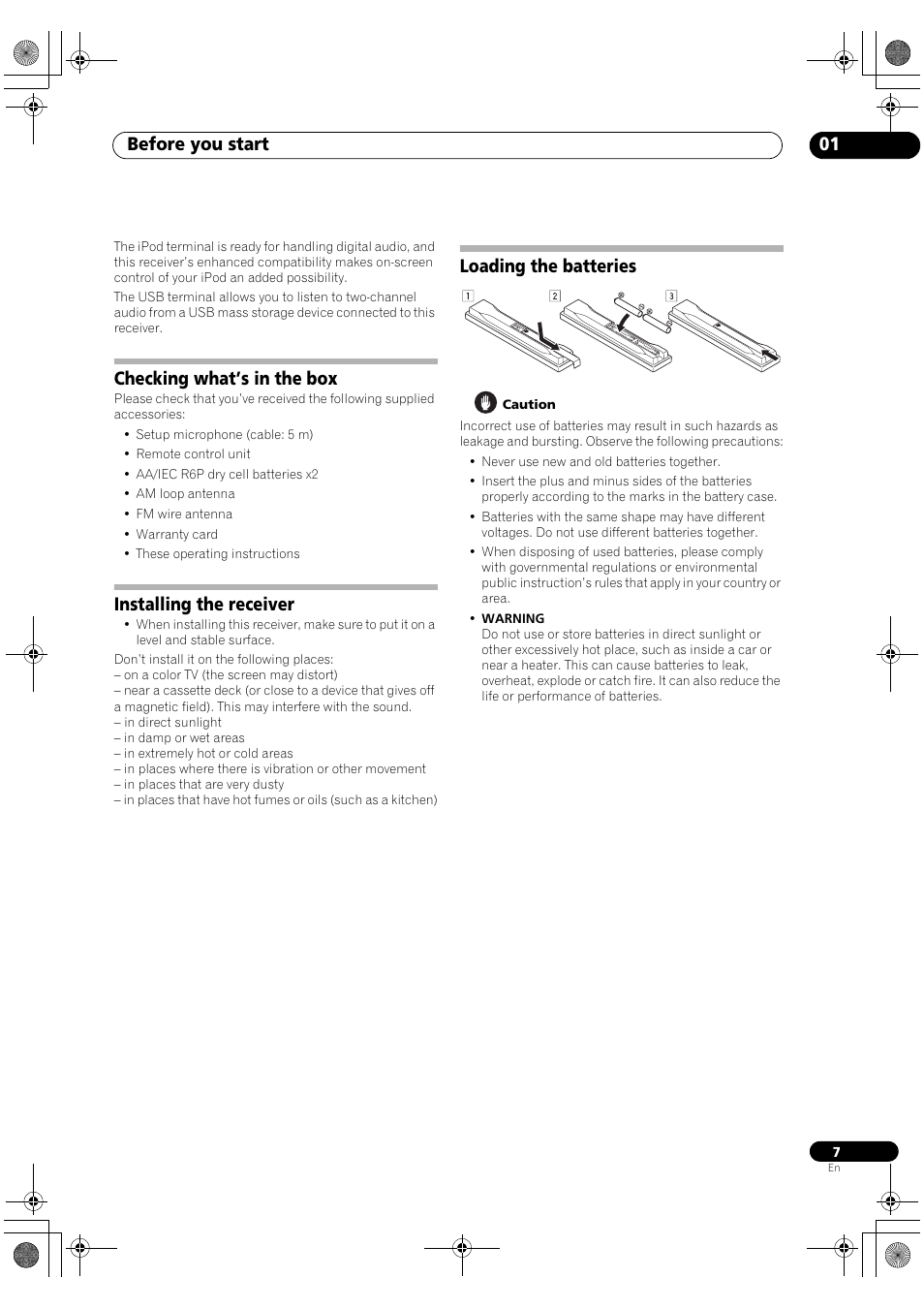 Before you start 01, Checking what’s in the box, Installing the receiver | Loading the batteries | Pioneer VSX-1018AH-S User Manual | Page 7 / 96