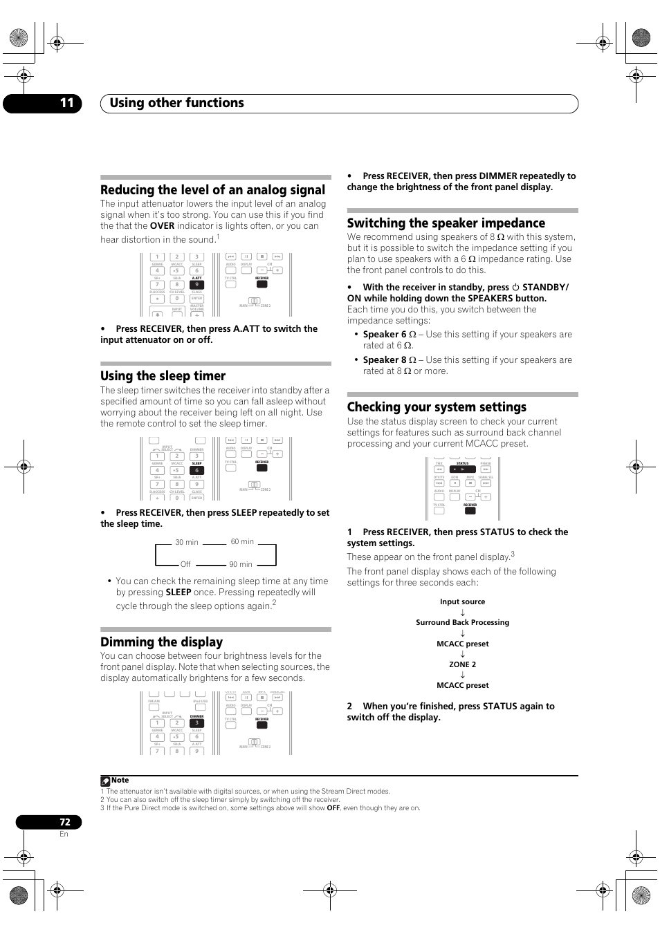 Using other functions 11, Reducing the level of an analog signal, Using the sleep timer | Dimming the display, Switching the speaker impedance, Checking your system settings | Pioneer VSX-1018AH-S User Manual | Page 72 / 96