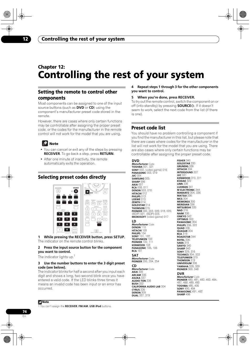 Controlling the rest of your system, Controlling the rest of your system 12, Chapter 12 | Setting the remote to control other components, Selecting preset codes directly, Preset code list | Pioneer VSX-1018AH-S User Manual | Page 74 / 96