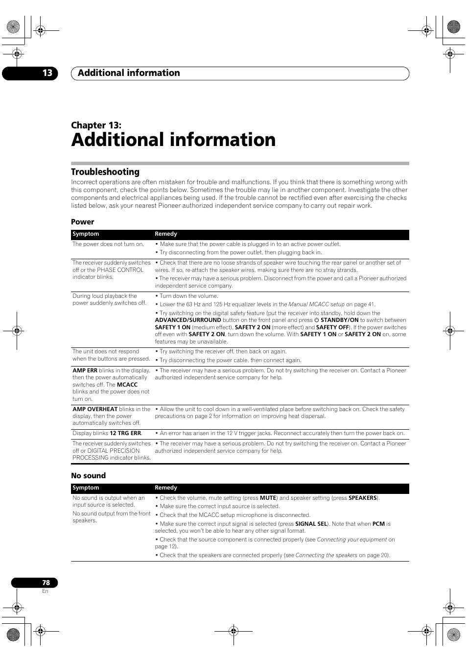 Troubleshooting, Power no sound, Additional information | Additional information 13, Chapter 13 | Pioneer VSX-1018AH-S User Manual | Page 78 / 96