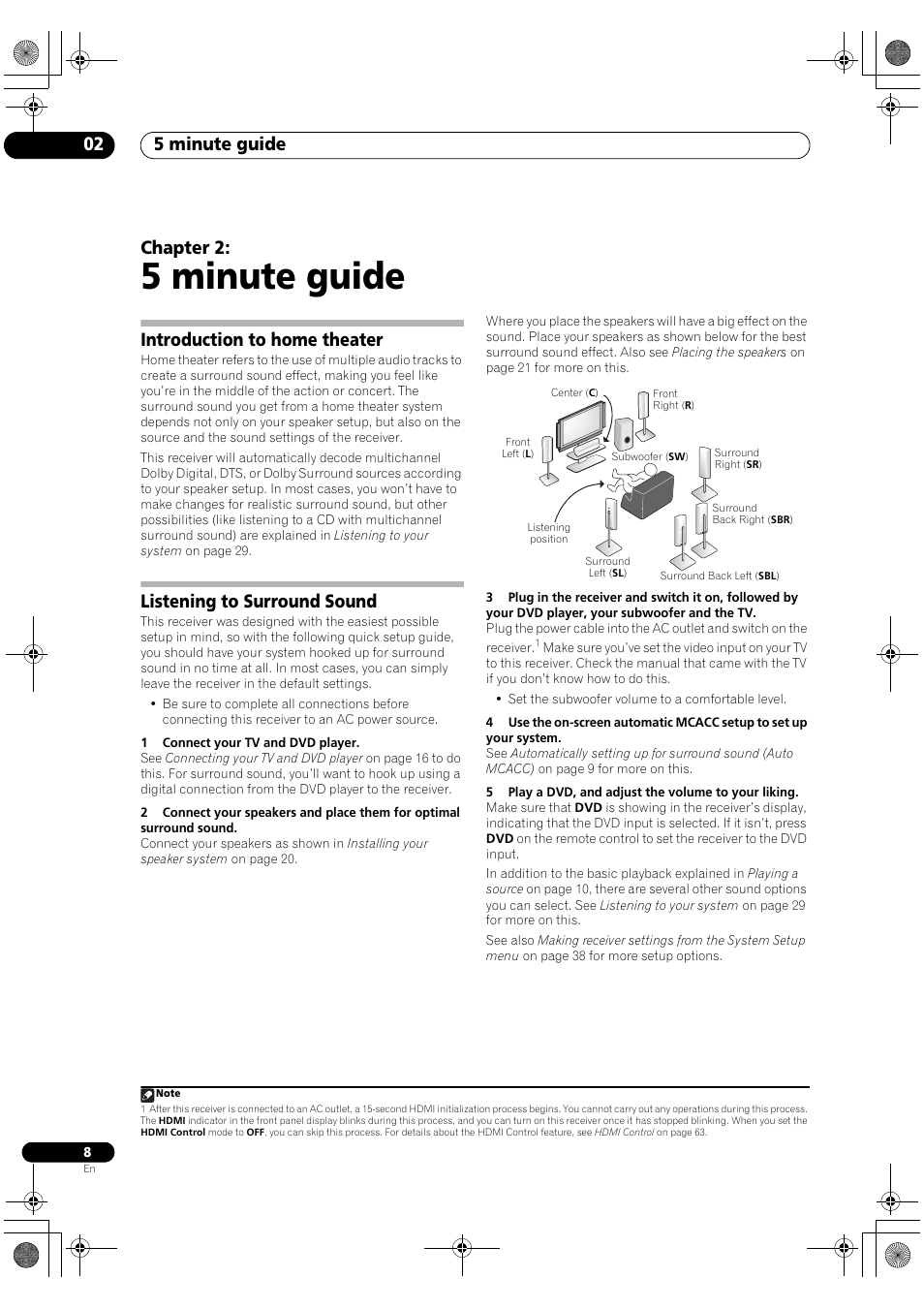 5 minute guide, 5 minute guide 02, Chapter 2 | Introduction to home theater, Listening to surround sound | Pioneer VSX-1018AH-S User Manual | Page 8 / 96