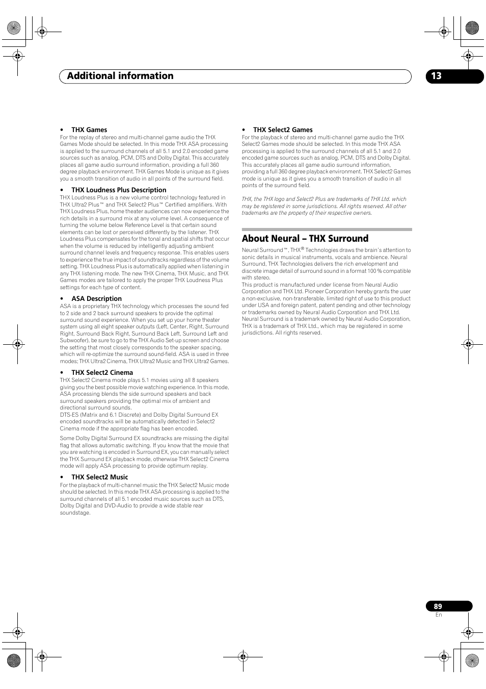 About neural – thx surround, Additional information 13 | Pioneer VSX-1018AH-S User Manual | Page 89 / 96